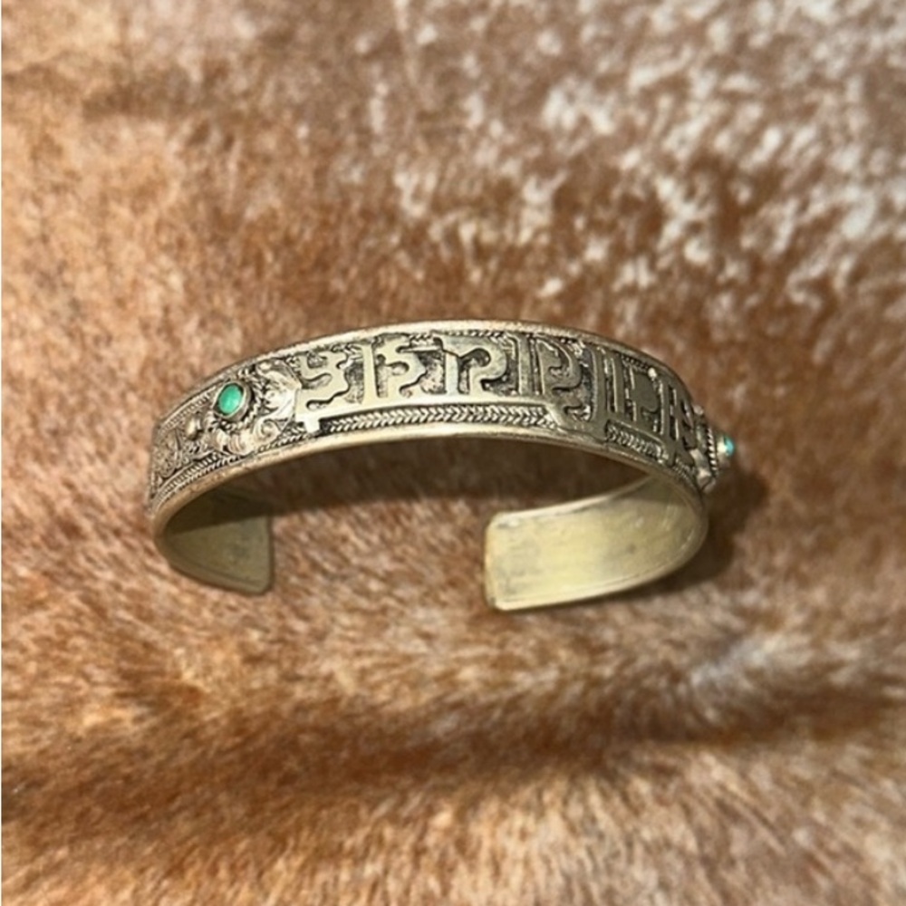 Vintage Solid 925 With Turquoise “Om Mani Padme Hum” Cuff Bracelet Handmade